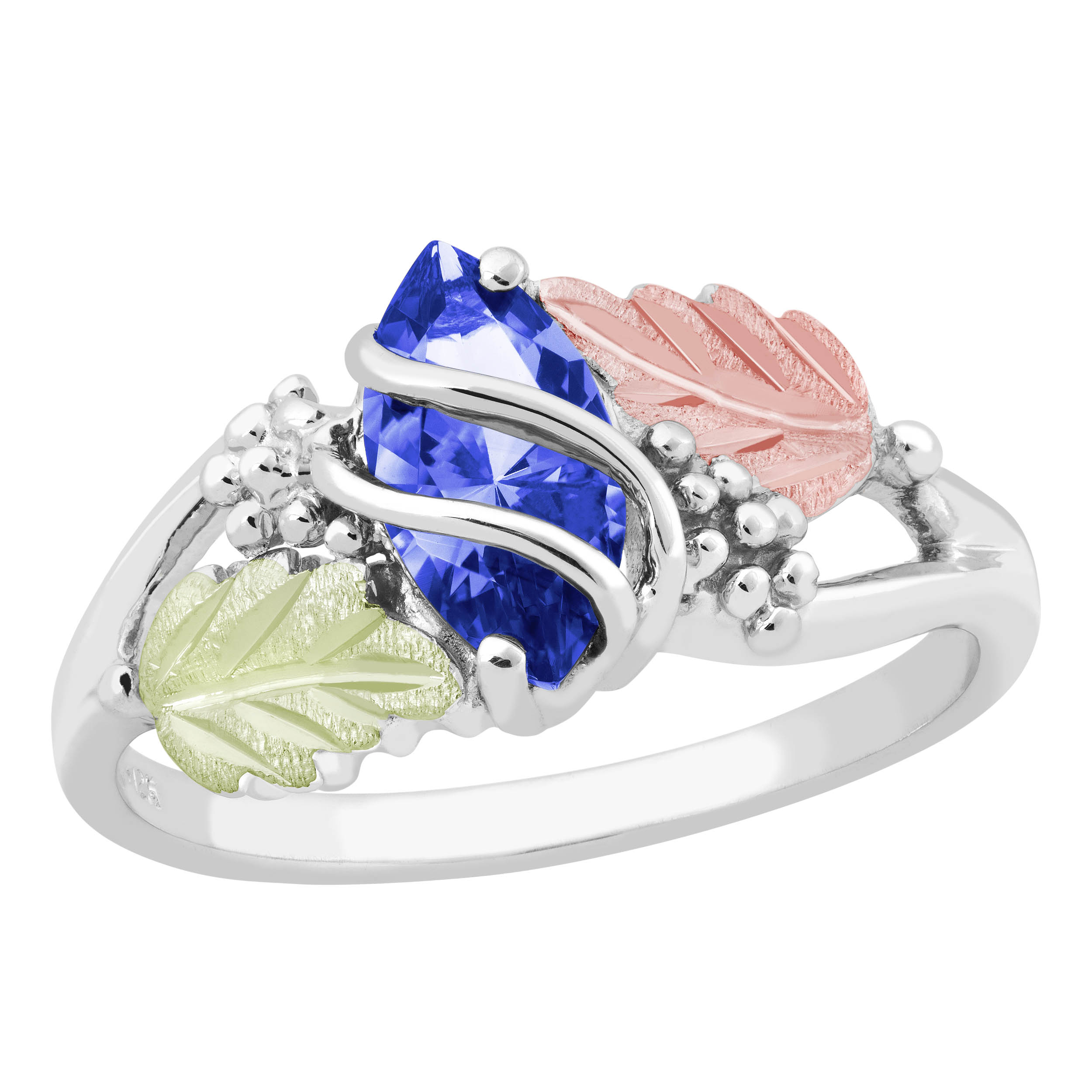 Created Birthstone Ring, Rhodium Plated Sterling Silver, 12k Green and Rose Gold Black Hills Silver Motif. 