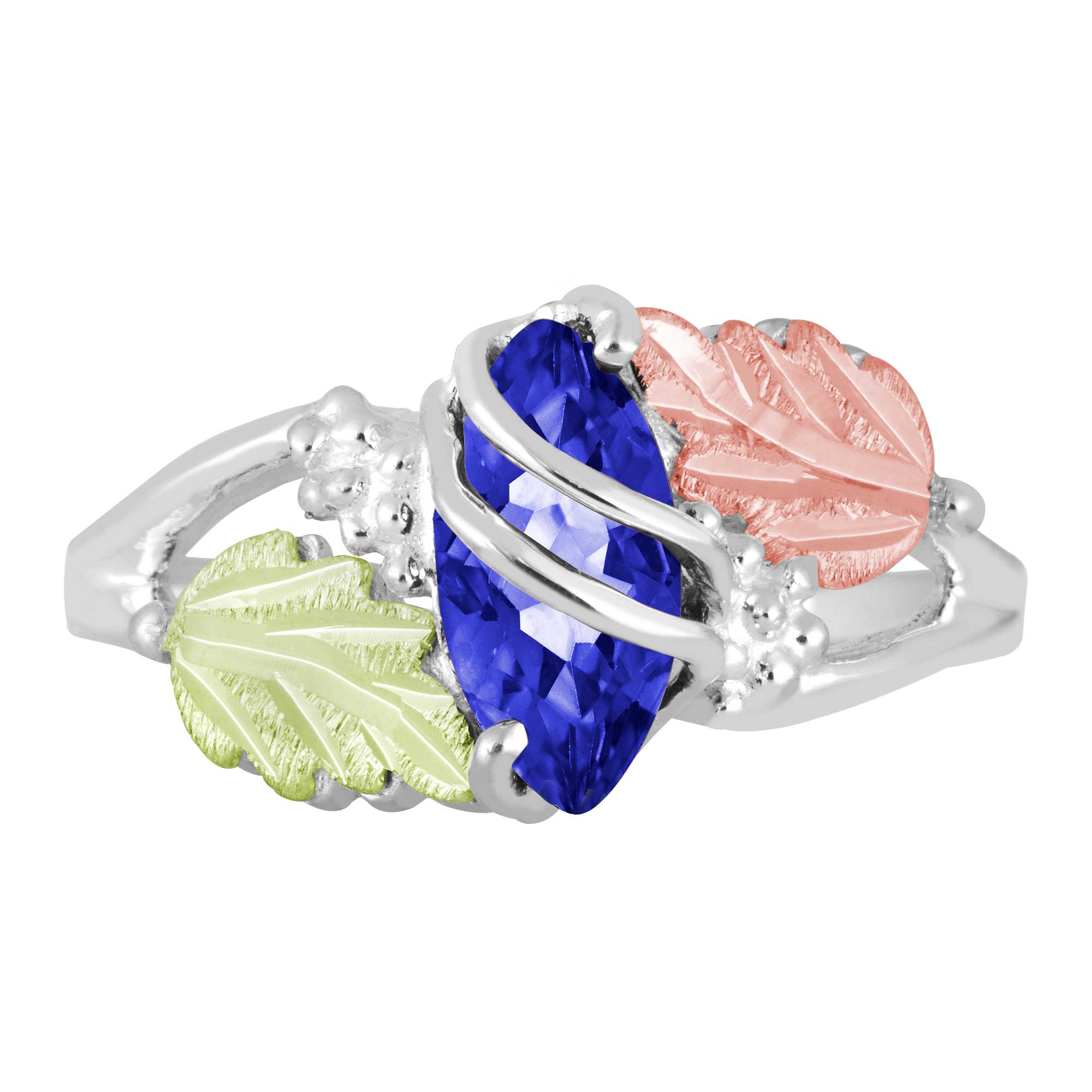 Created Birthstone Ring, Rhodium Plated Sterling Silver, 12k Green and Rose Gold Black Hills Silver Motif. 