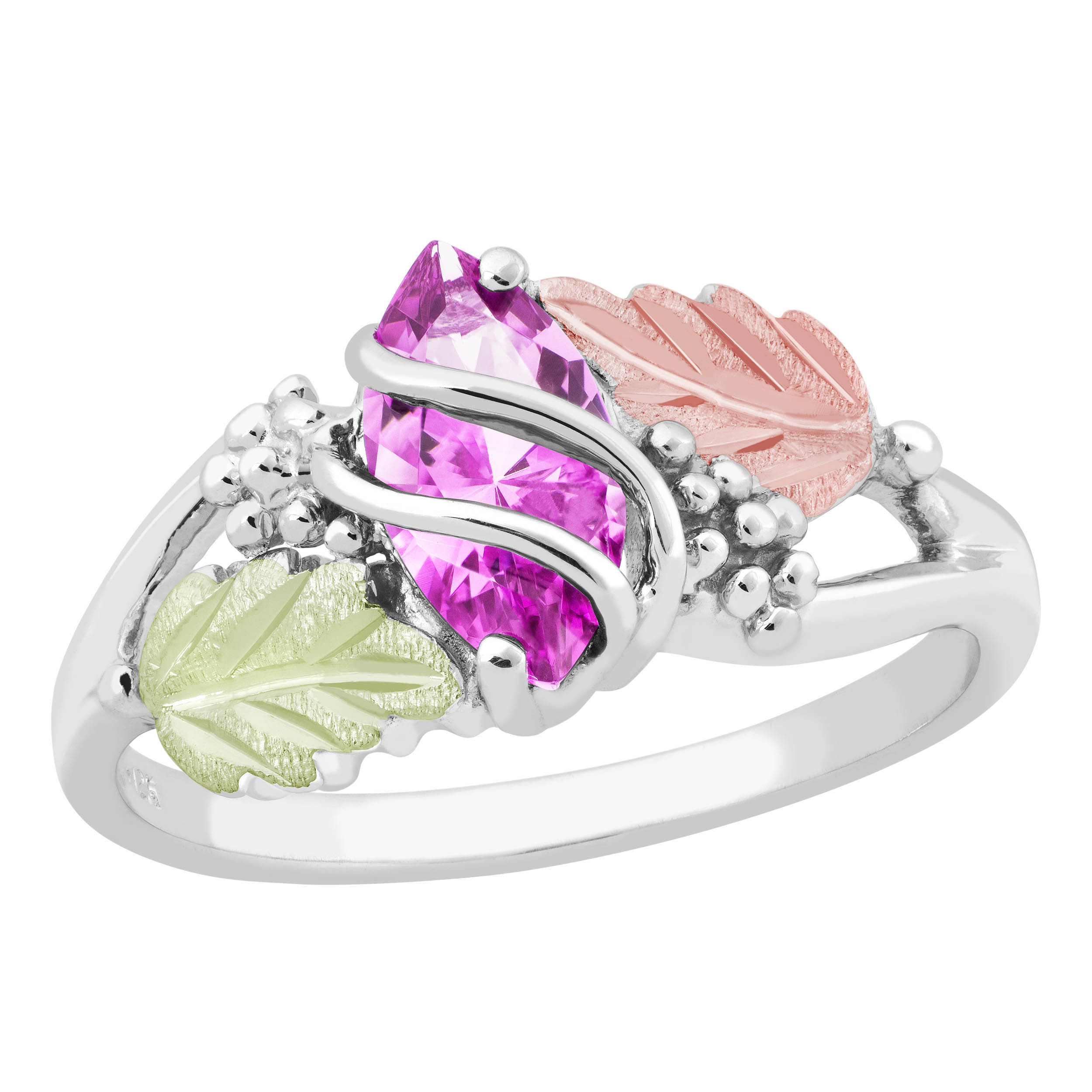 Created Birthstone Ring, Rhodium Plated Sterling Silver, 12k Green and Rose Gold Black Hills Silver Motif. 