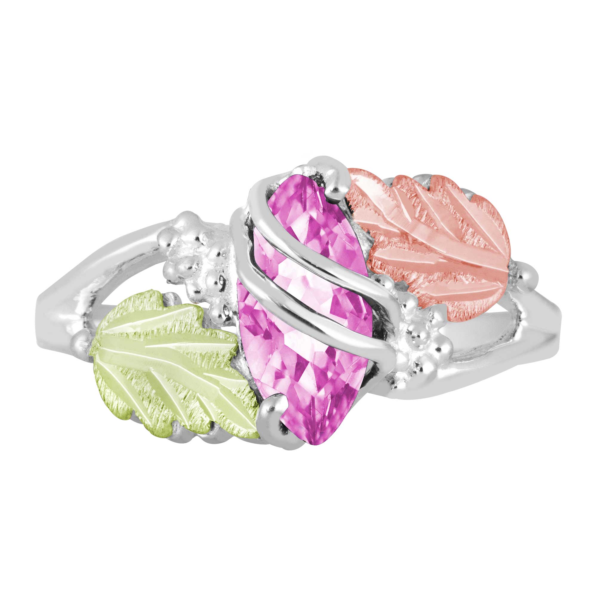 Created Birthstone Ring, Rhodium Plated Sterling Silver, 12k Green and Rose Gold Black Hills Silver Motif.