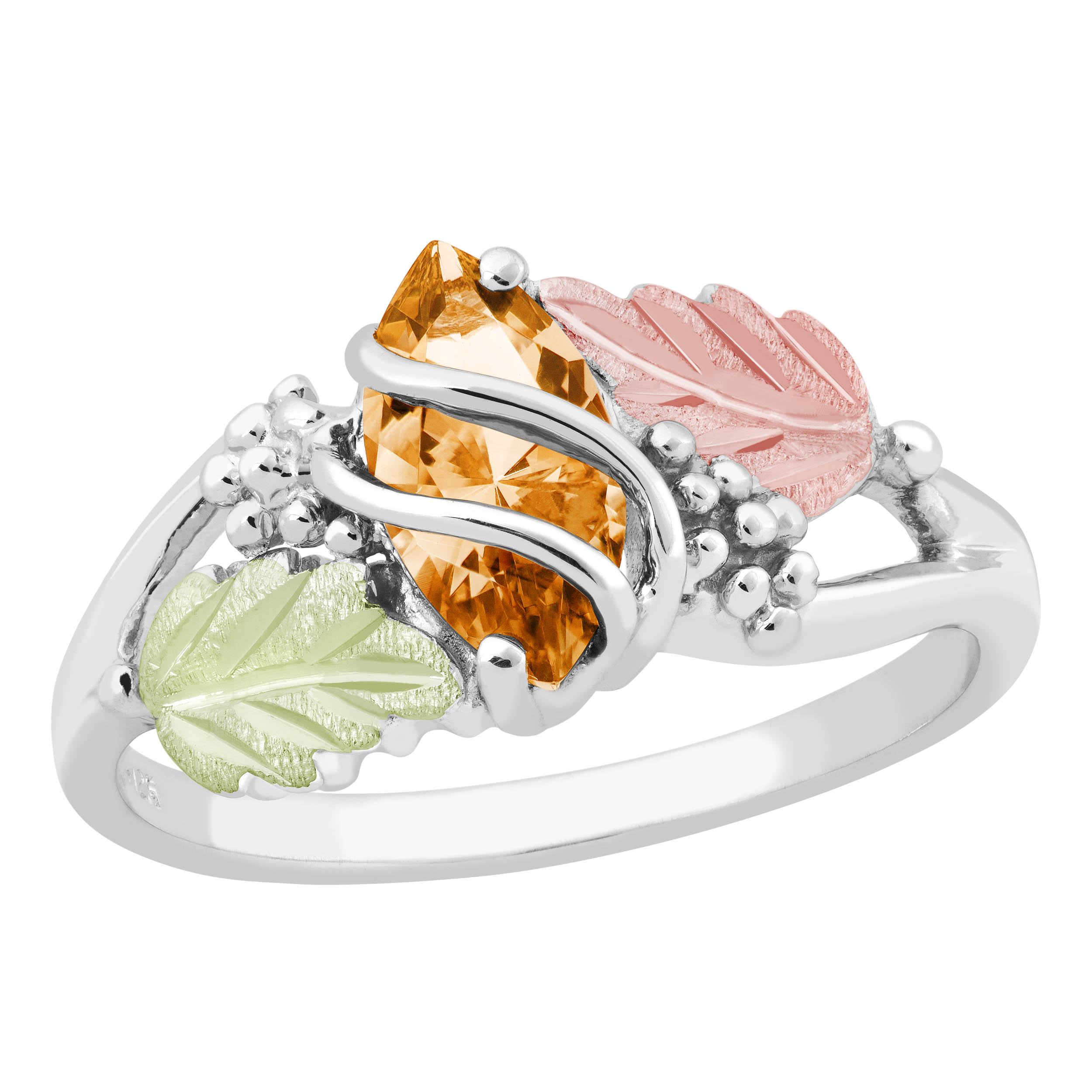 Created Birthstone Ring, Rhodium Plated Sterling Silver, 12k Green and Rose Gold Black Hills Silver Motif. 