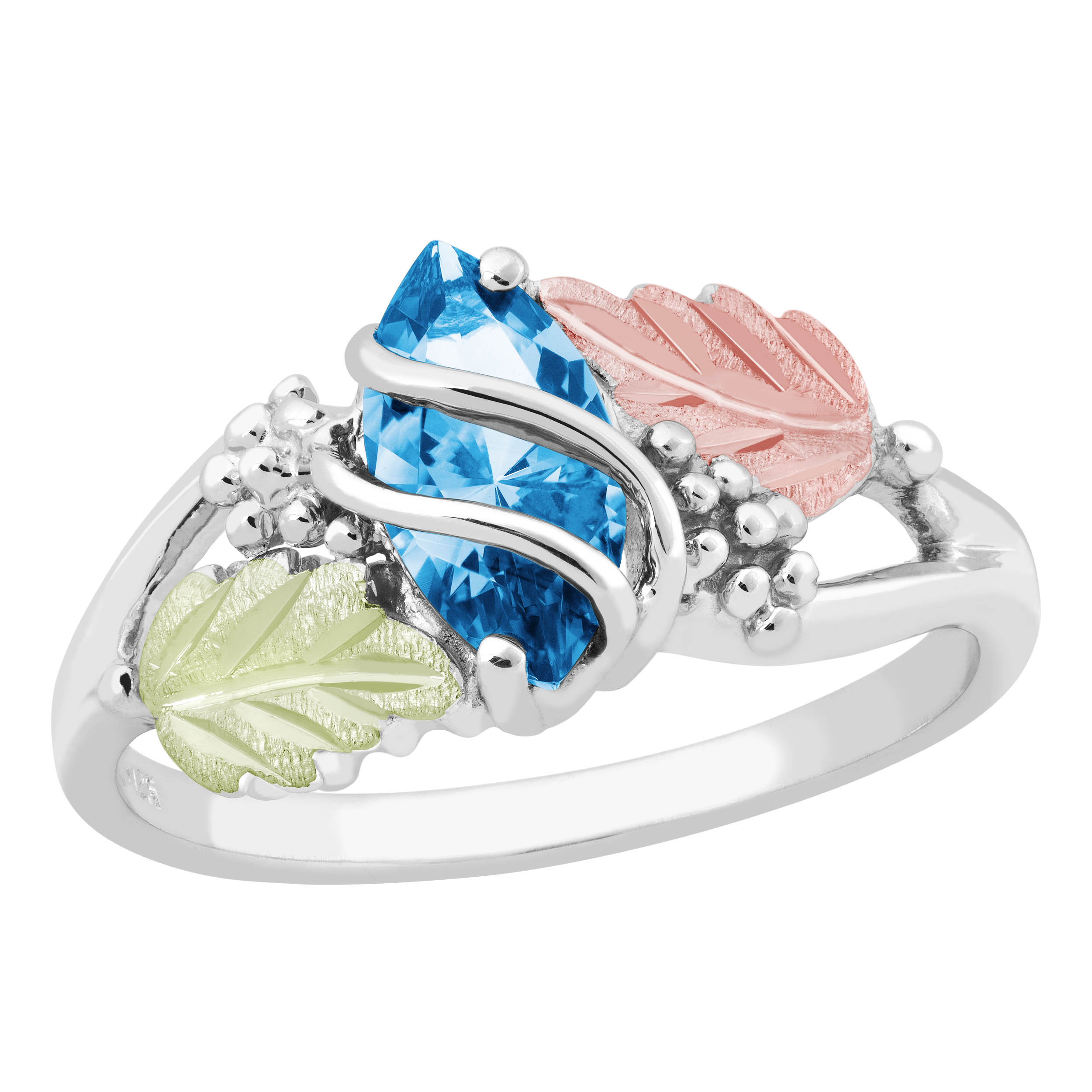 Created Birthstone Ring, Rhodium Plated Sterling Silver, 12k Green and Rose Gold Black Hills Silver Motif. 