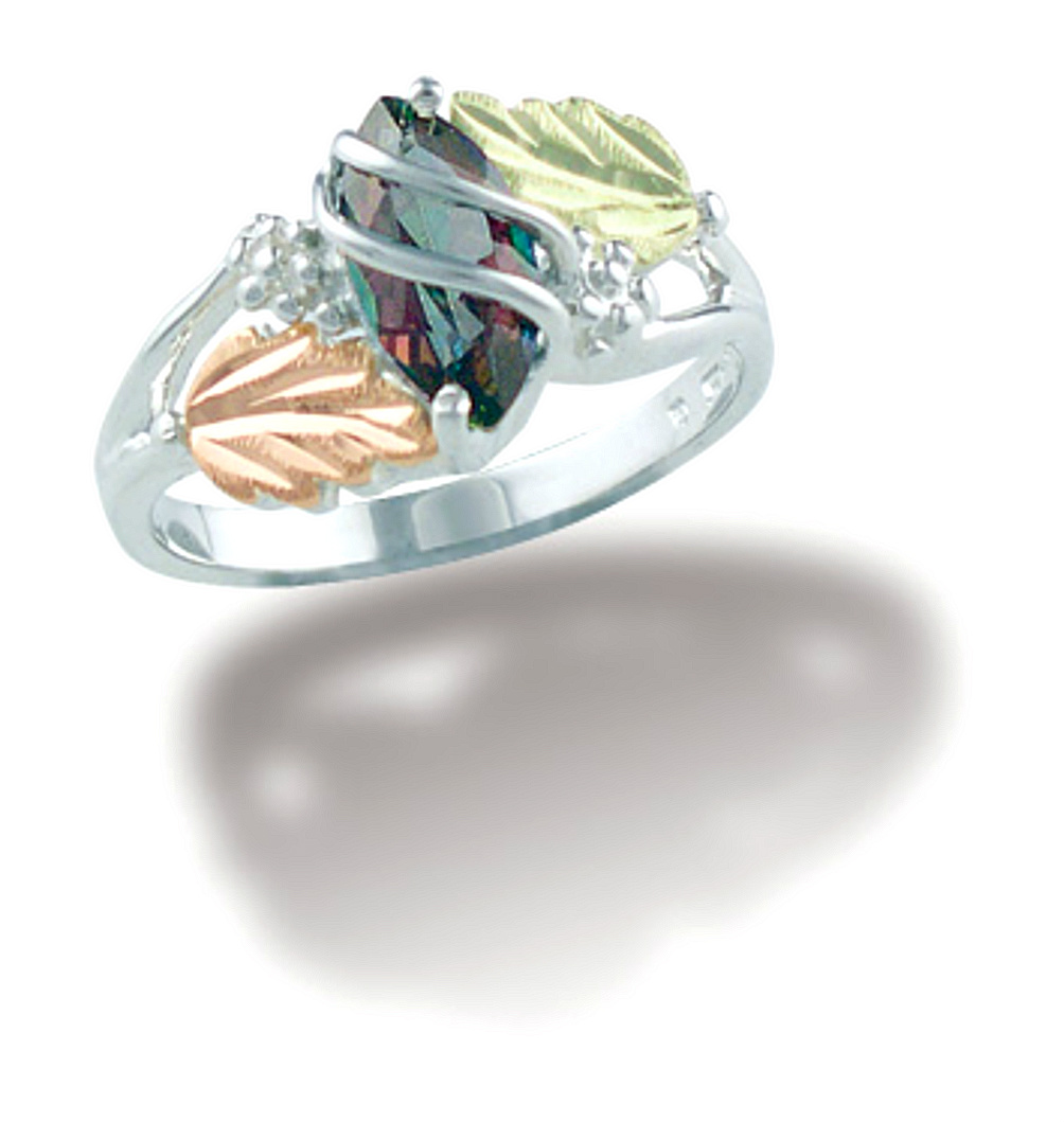 Created Birthstone Ring, Rhodium Plated Sterling Silver, 12k Green and Rose Gold Black Hills Silver Motif. 