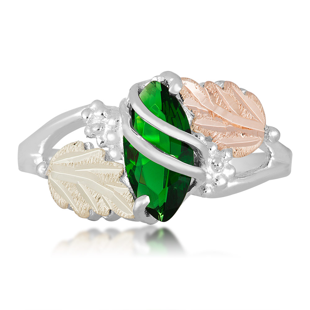 Created Birthstone Ring, Rhodium Plated Sterling Silver, 12k Green and Rose Gold Black Hills Silver Motif. 