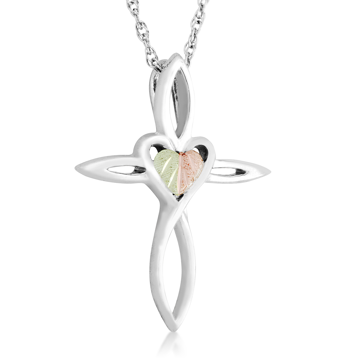 Black Hills Gold motif in heart center on a Sterling Silver Cross. 