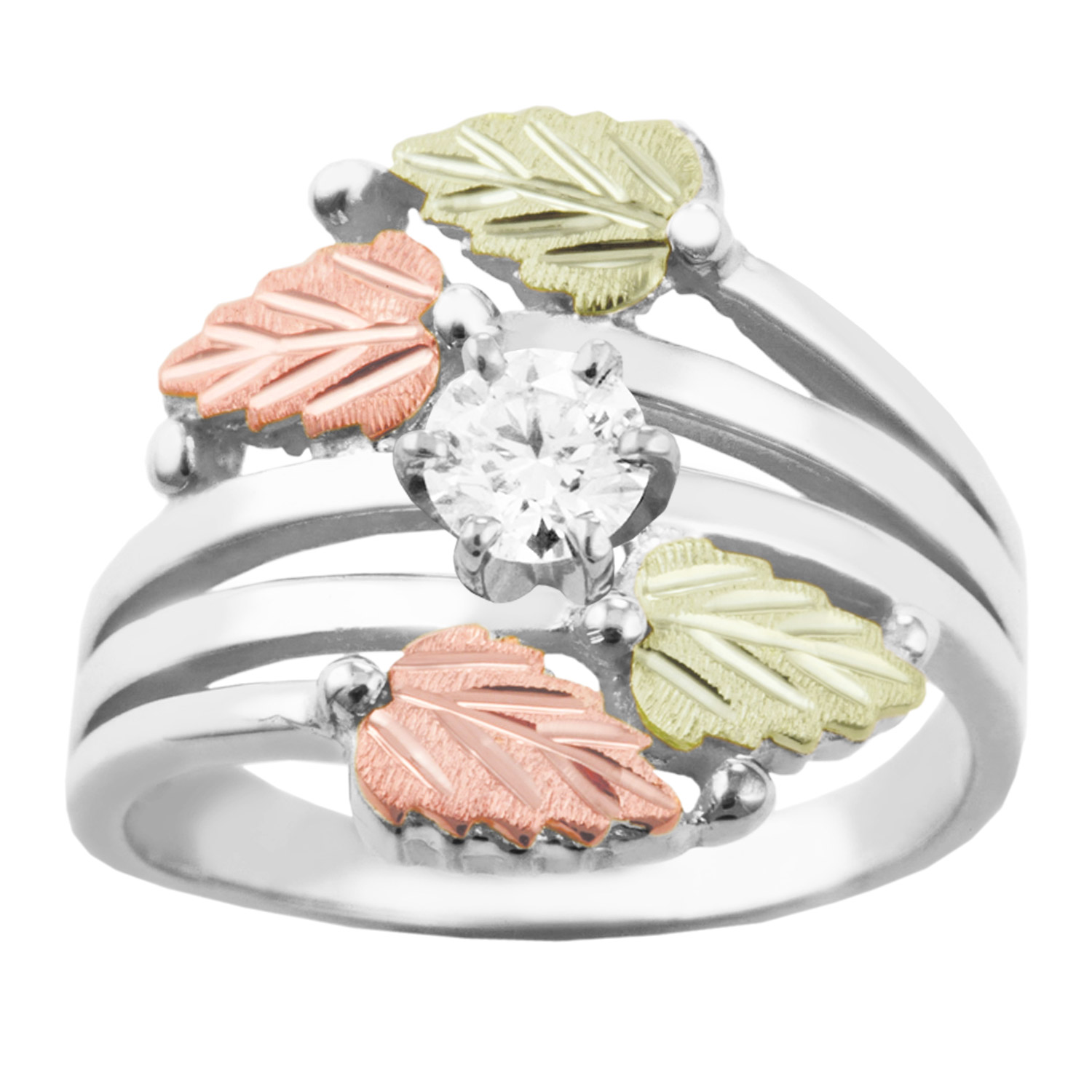 Created Birthstone Ring, Rhodium Plated Sterling Silver, 12k Green and Rose Gold Black Hills Silver Motif. 