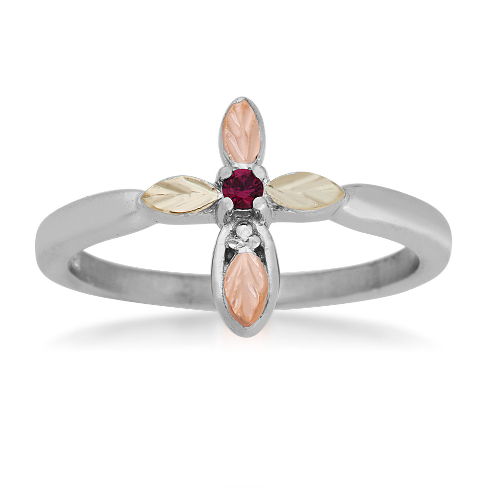 Created Birthstone Ring, Rhodium Plated Sterling Silver, 12k Green and Rose Gold Black Hills Silver Motif. 