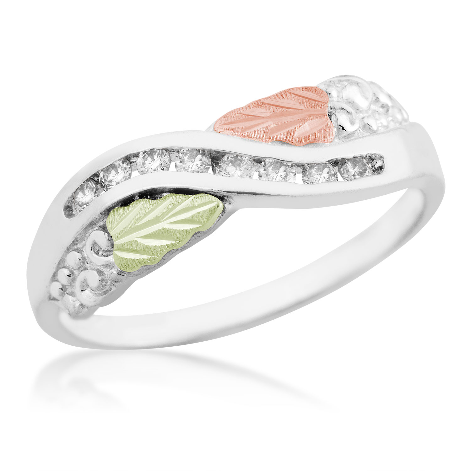 Created Birthstone Ring, Rhodium Plated Sterling Silver, 12k Green and Rose Gold Black Hills Silver Motif. 