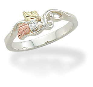 Created Birthstone Ring, Rhodium Plated Sterling Silver, 12k Green and Rose Gold Black Hills Silver Motif. 