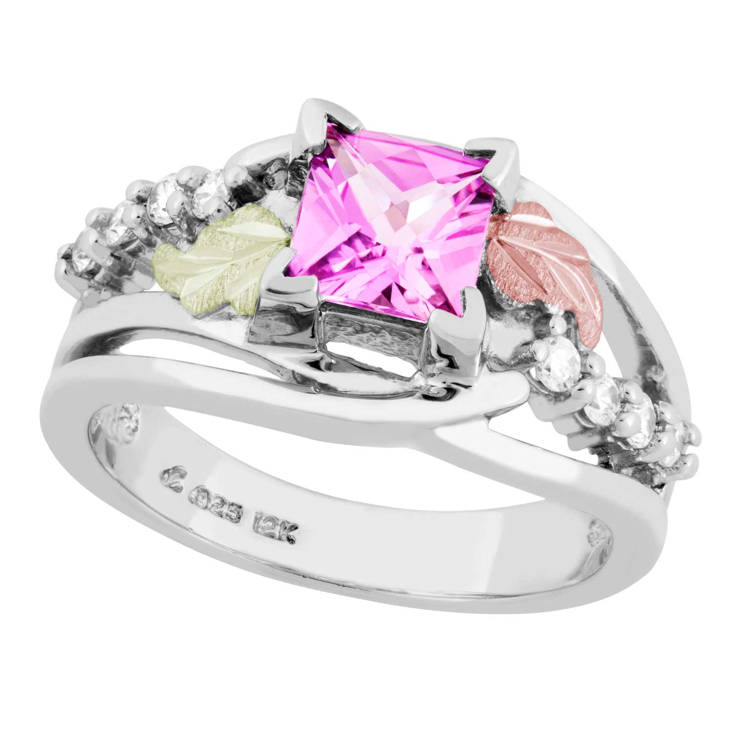 Created Birthstone Ring, Rhodium Plated Sterling Silver, 12k Green and Rose Gold Black Hills Silver Motif. 