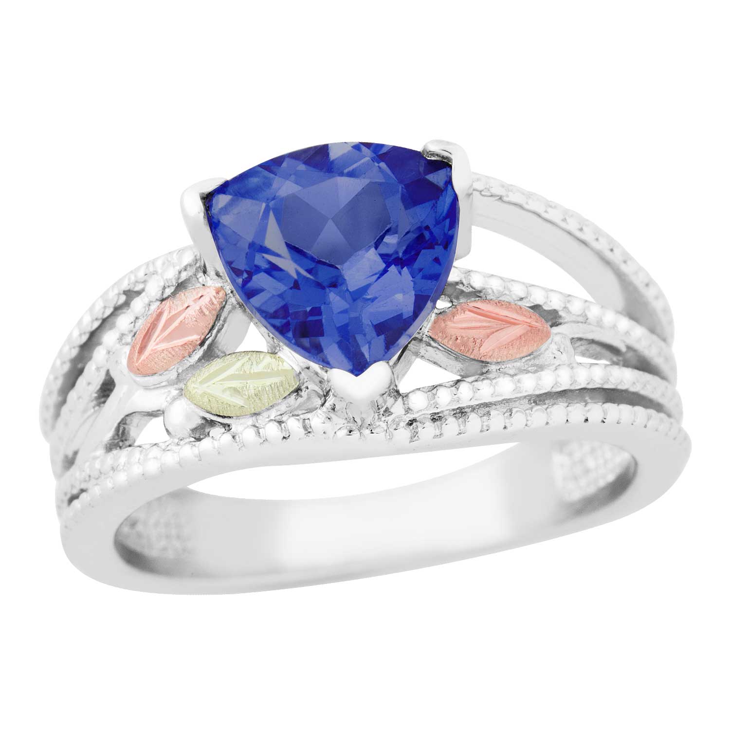 Created Birthstone Ring, Rhodium Plated Sterling Silver, 12k Green and Rose Gold Black Hills Silver Motif. 