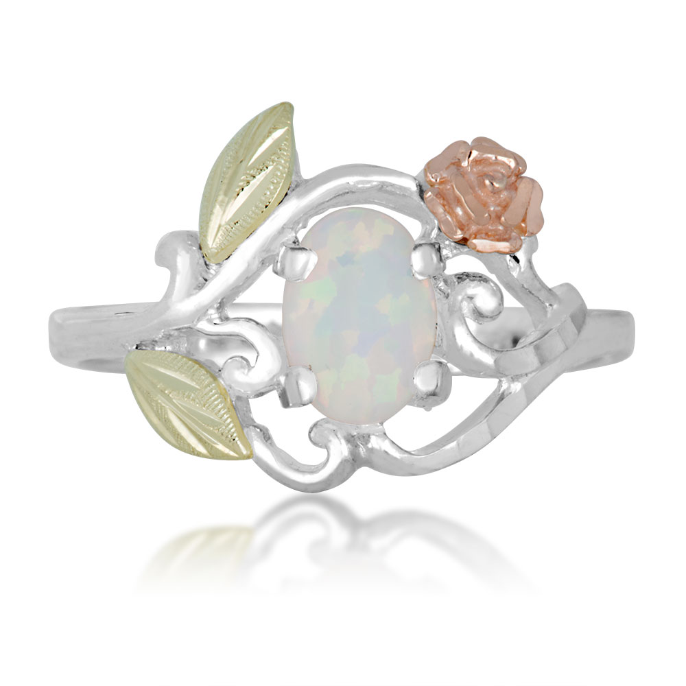Created Birthstone Ring, Rhodium Plated Sterling Silver, 12k Green and Rose Gold Black Hills Silver Motif. 