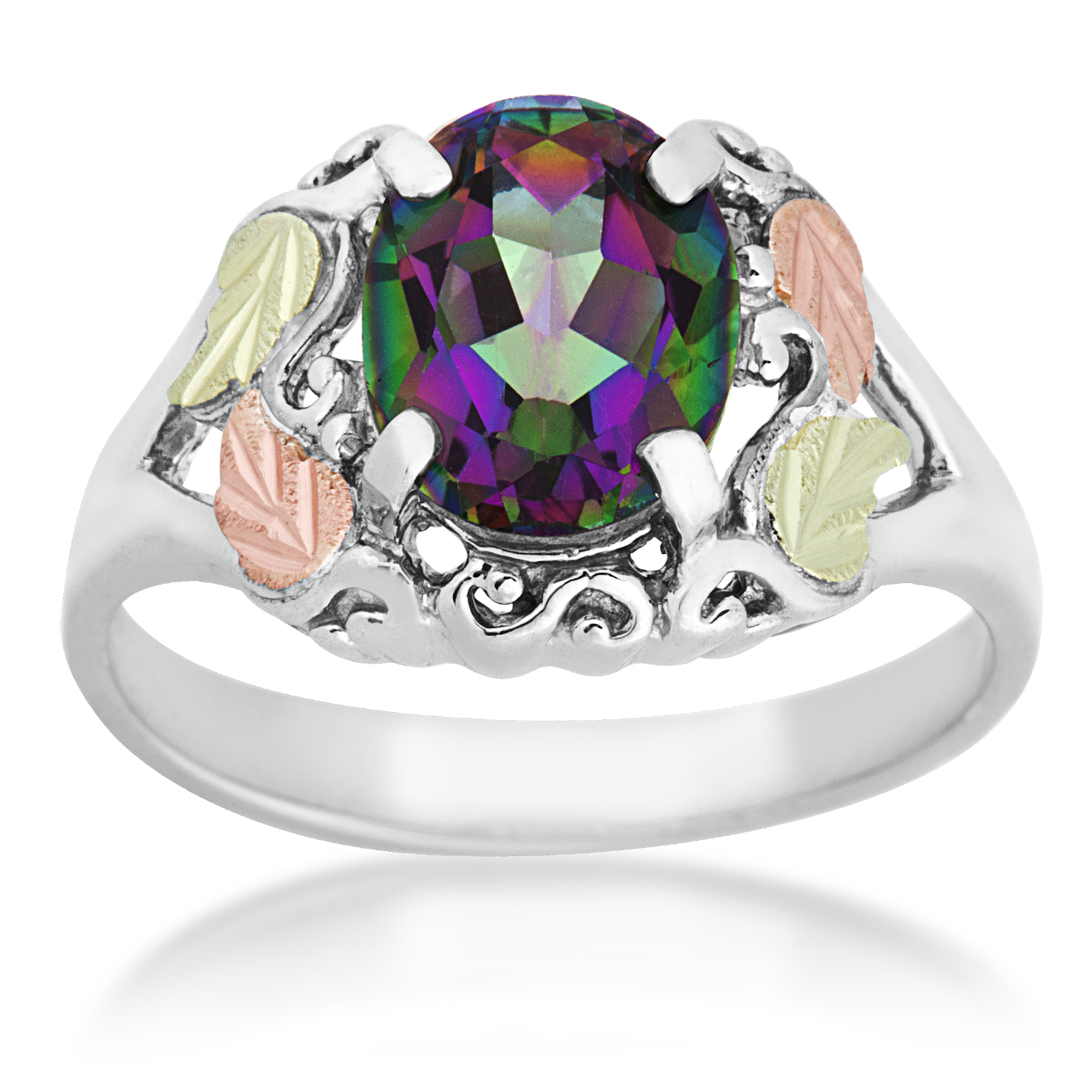 Created Birthstone Ring, Rhodium Plated Sterling Silver, 12k Green and Rose Gold Black Hills Silver Motif. 