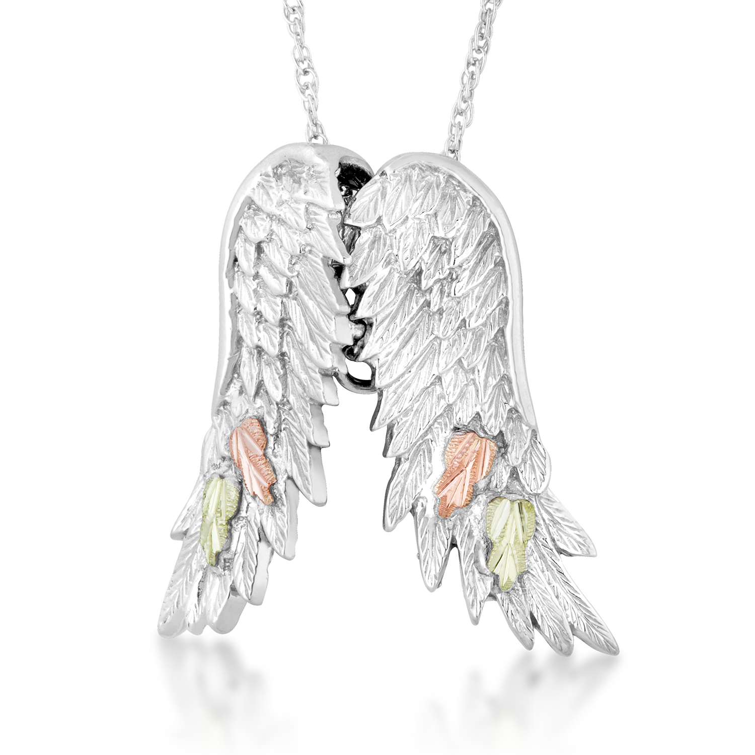 Angel Wing Necklace, Rhodium Plated Sterling Silver in Black Hills Gold Motif, 18' '. 