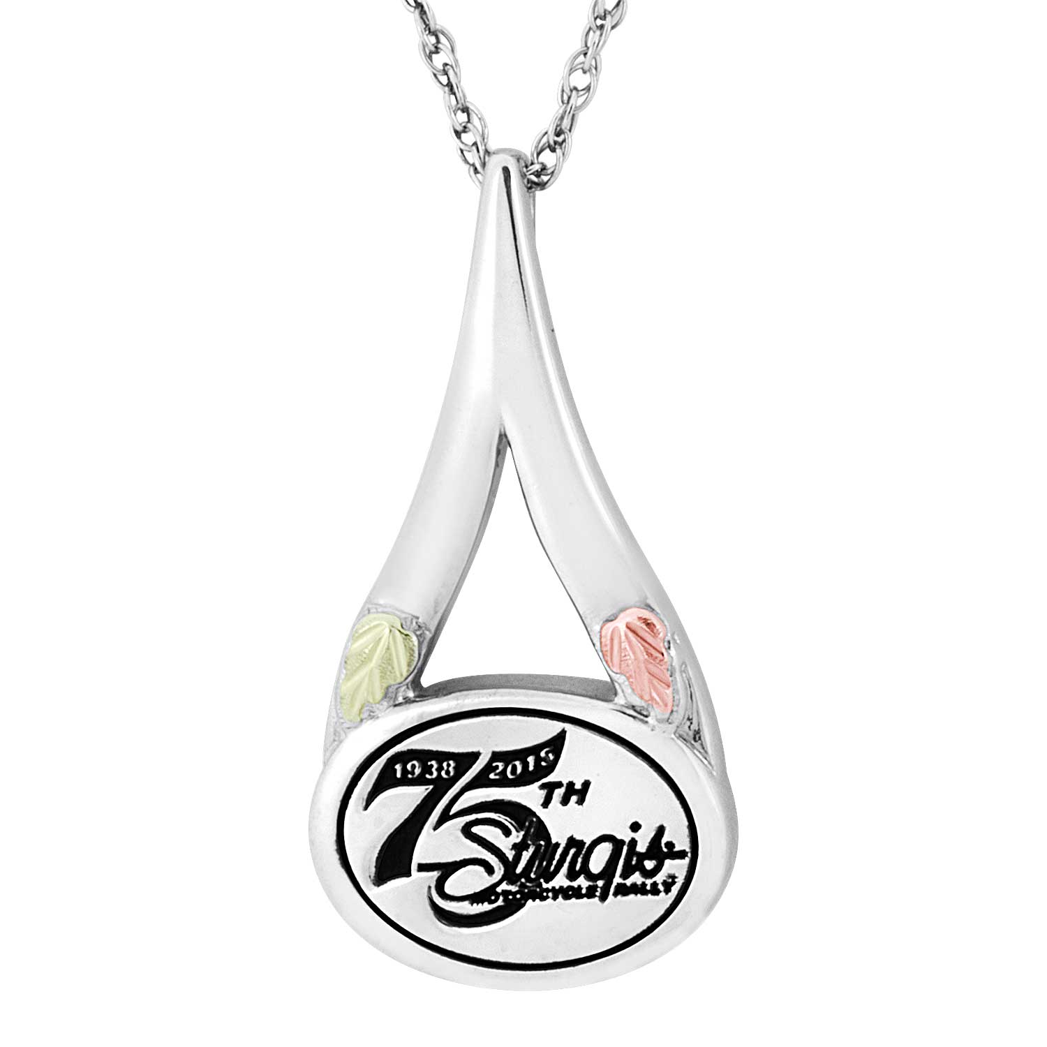 75th Sturgis Rally Black Hills Gold Sterling Silver Commemorative Tear Drop Necklace. 