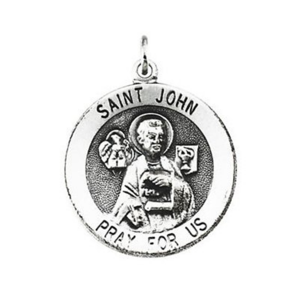 Sterling Silver Round St. John the Evangelist Medal Necklace, 18 inches 25 MM R16308_1000MP