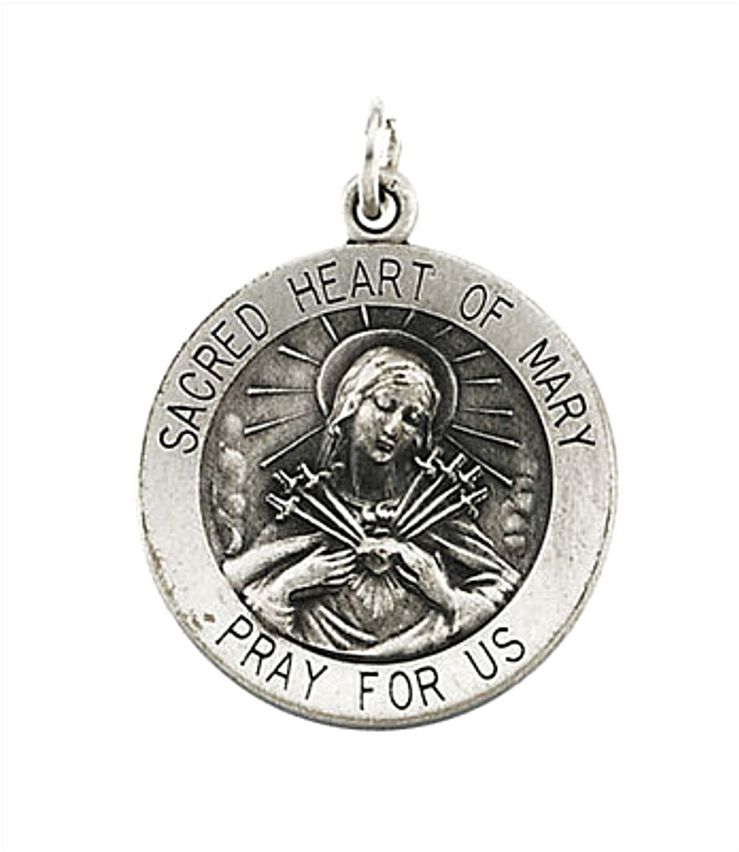 Sterling Silver Round Sacred Heart of Mary Necklace (18.5 MM).