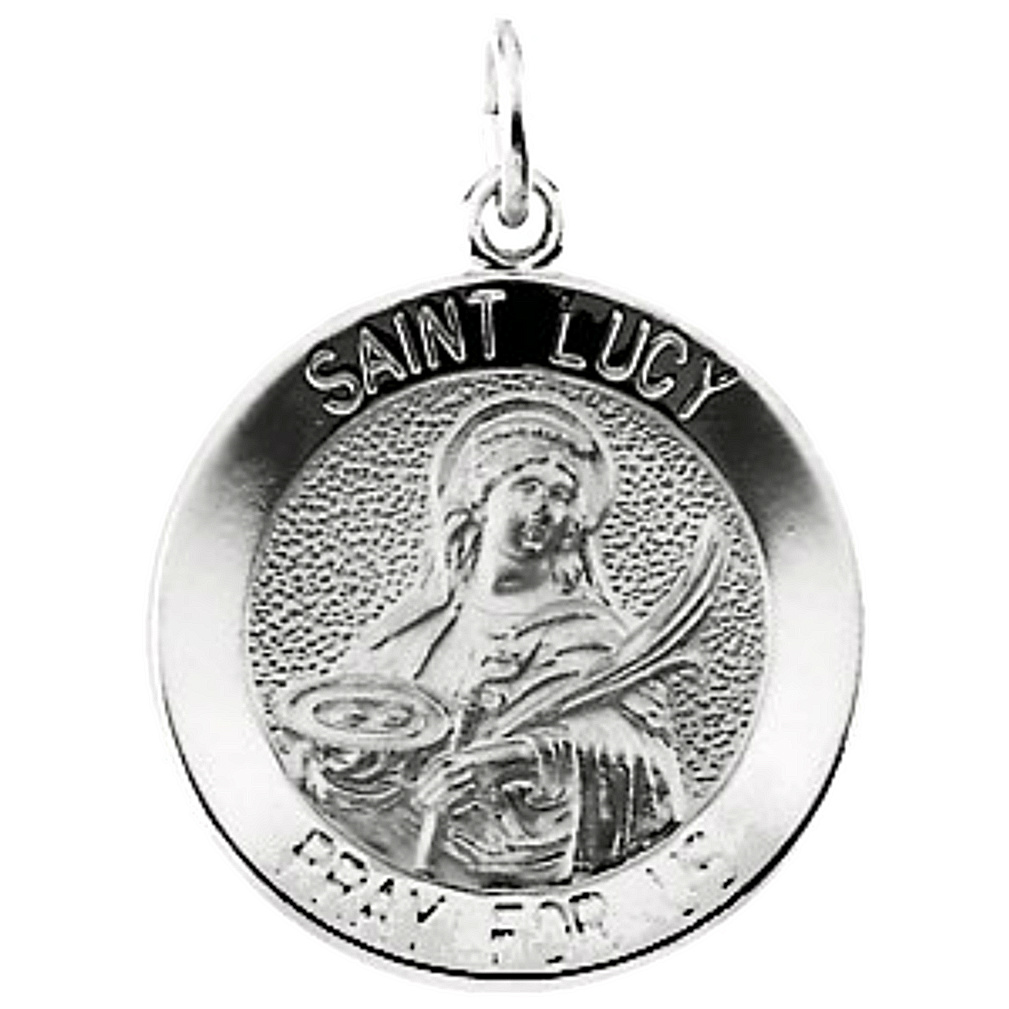 14k White Gold Round St. Lucy Medal (18.25MM)