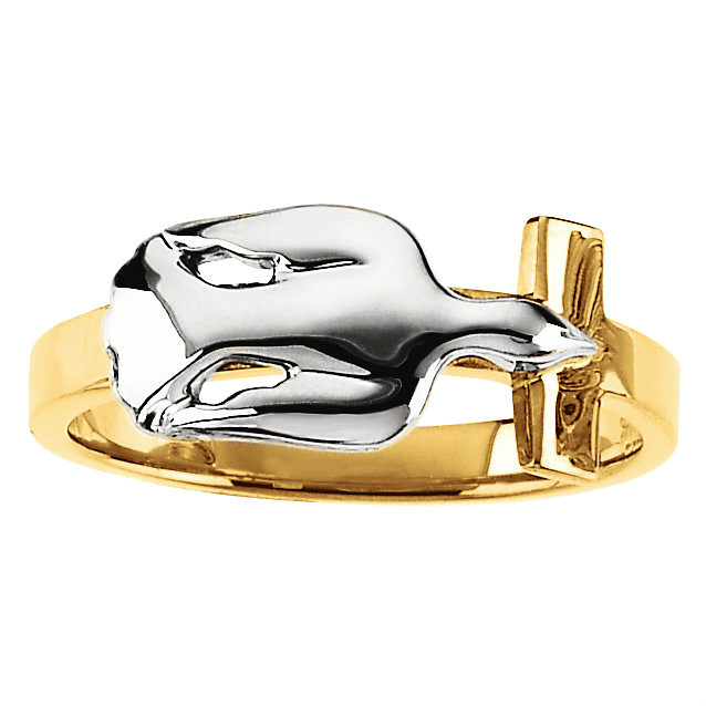 Dove with Raised Edge Cross Ring, Rhodium-Plated 10k White and Yellow Gold. 