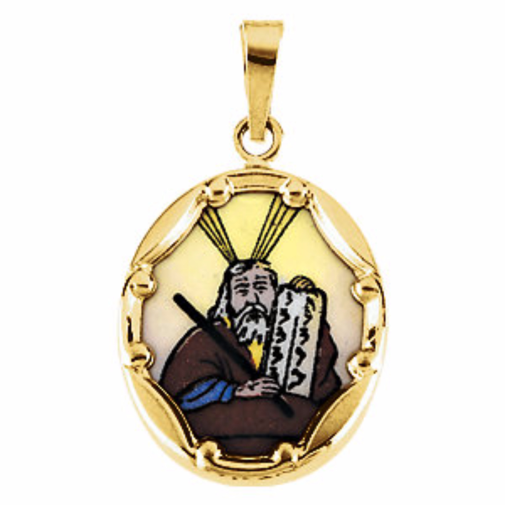 14k Yellow Gold Moses Hand-Painted Porcelain Medal (13x10 MM)