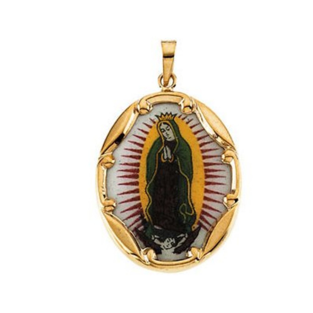 14k Yellow Gold Our Lady of Guadalupe Hand-Painted Porcelain Medal (25x19.5 MM)