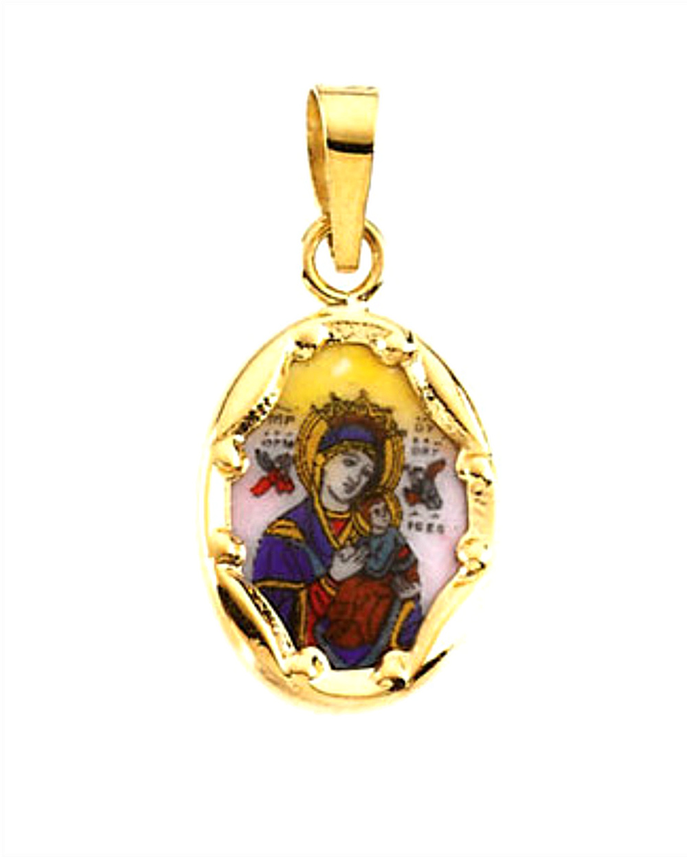 14k Yellow Gold Our Lady of Perpetual Help Hand-Painted Porcelain Medal (13x10 MM) R16971_1000MP
