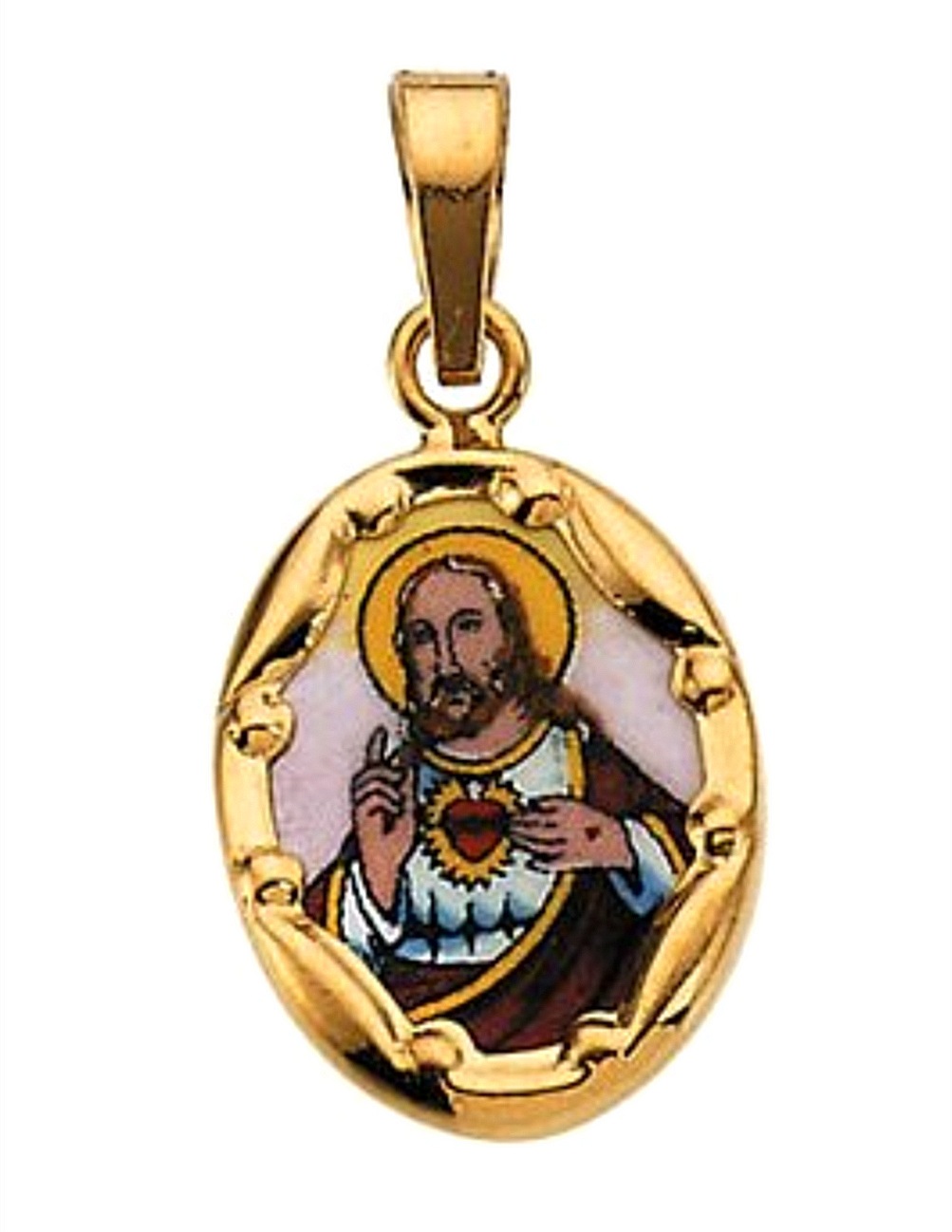 14k Yellow Gold Sacred Heart of Jesus Hand-Painted Porcelain Medal (13x10 MM).