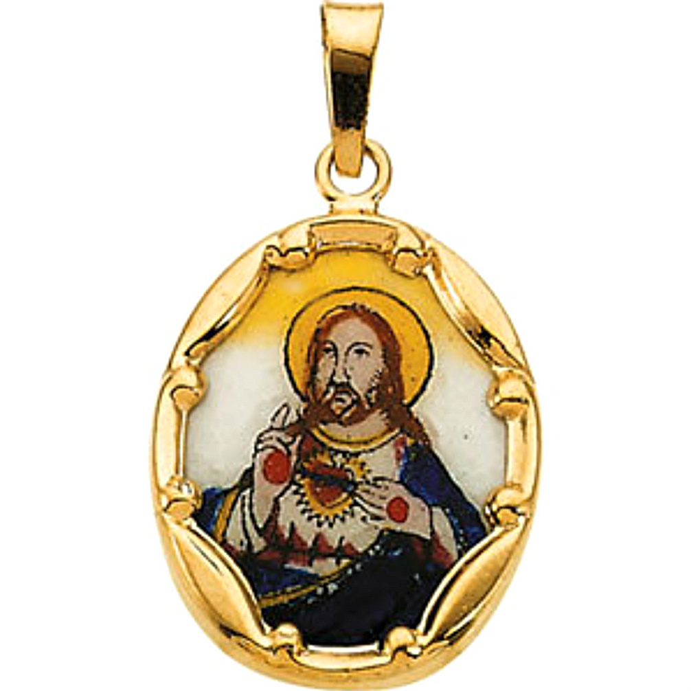 14k Yellow Gold Sacred Heart of Jesus Hand-Painted Porcelain Medal (17x13.5 MM)