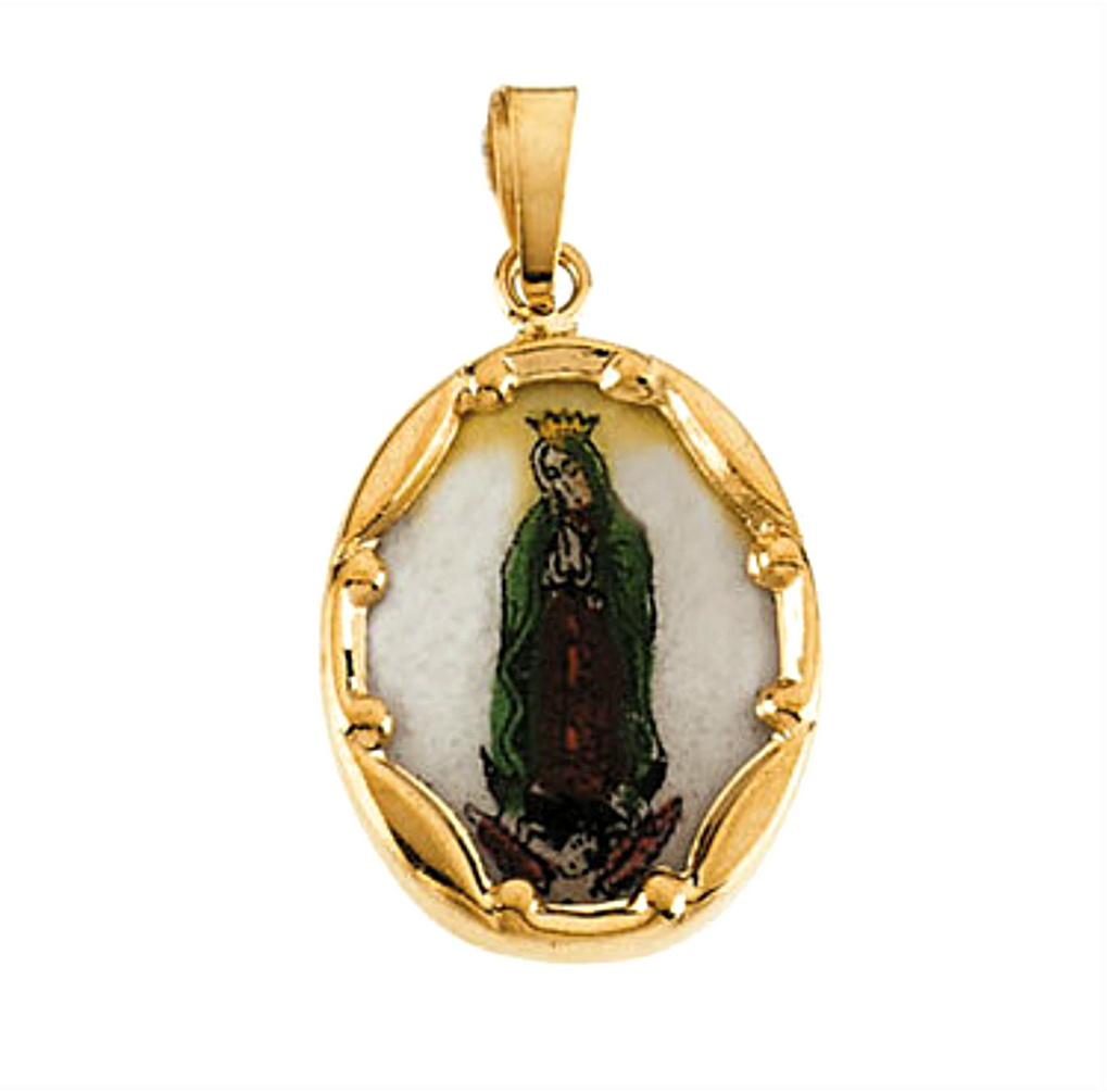 14k Yellow Gold Our Lady of Guadalupe Hand-Painted Porcelain Medal (17x13 MM) R16979_1000MP