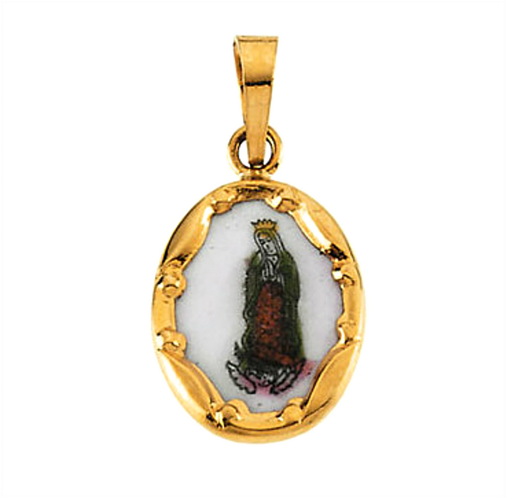 14k Yellow Gold Our Lady of Guadalupe Hand-Painted Porcelain Medal (13x10 MM) R16979_1000MP