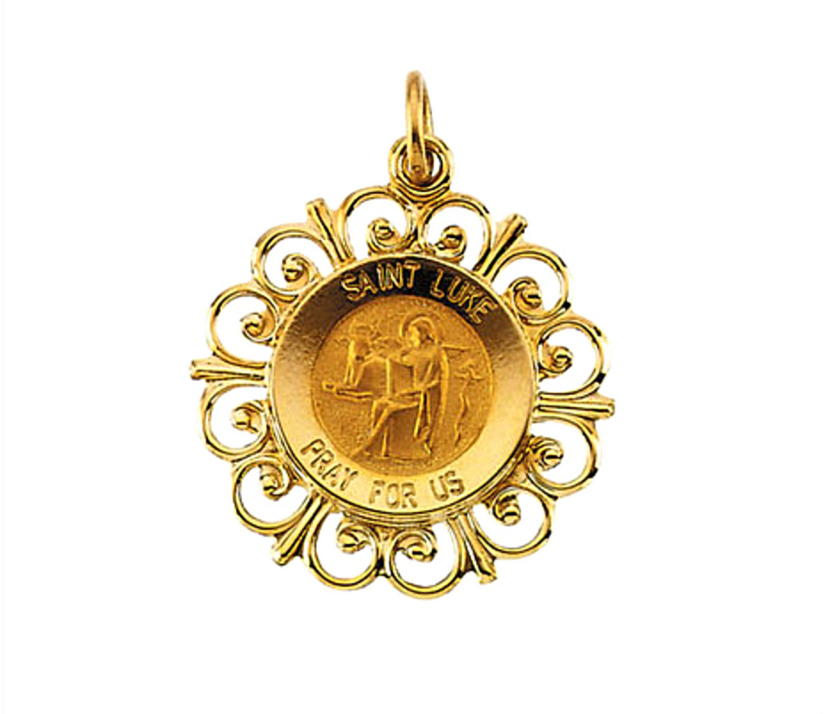 Rhodium Plated 14k Yellow Gold Round Hollow St. Luke Medal (18.5MM)