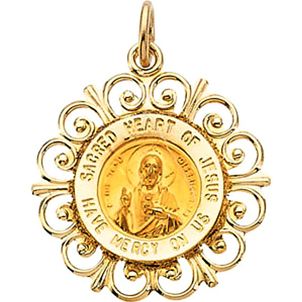 14k Yellow Gold Round Sacred Heart of Jesus Medal (18.5 MM).