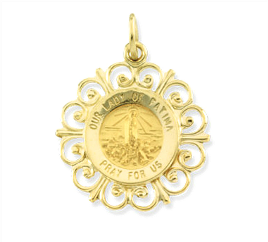 Rhodium Plated 14k Yellow Gold Our Lady of Fatima Medal (18.5 MM)
