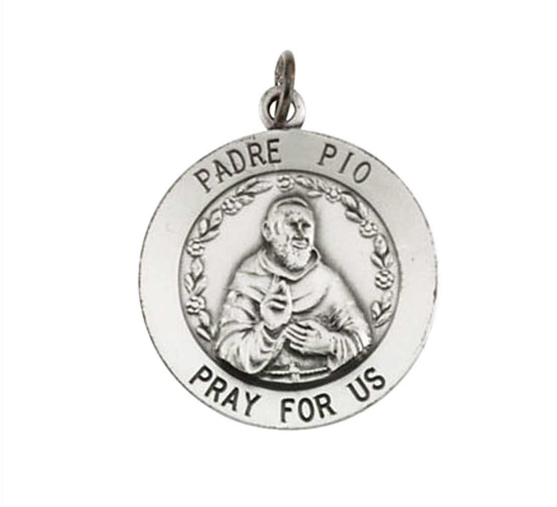 Sterling Silver Round St. Padre Pio Necklace, 18