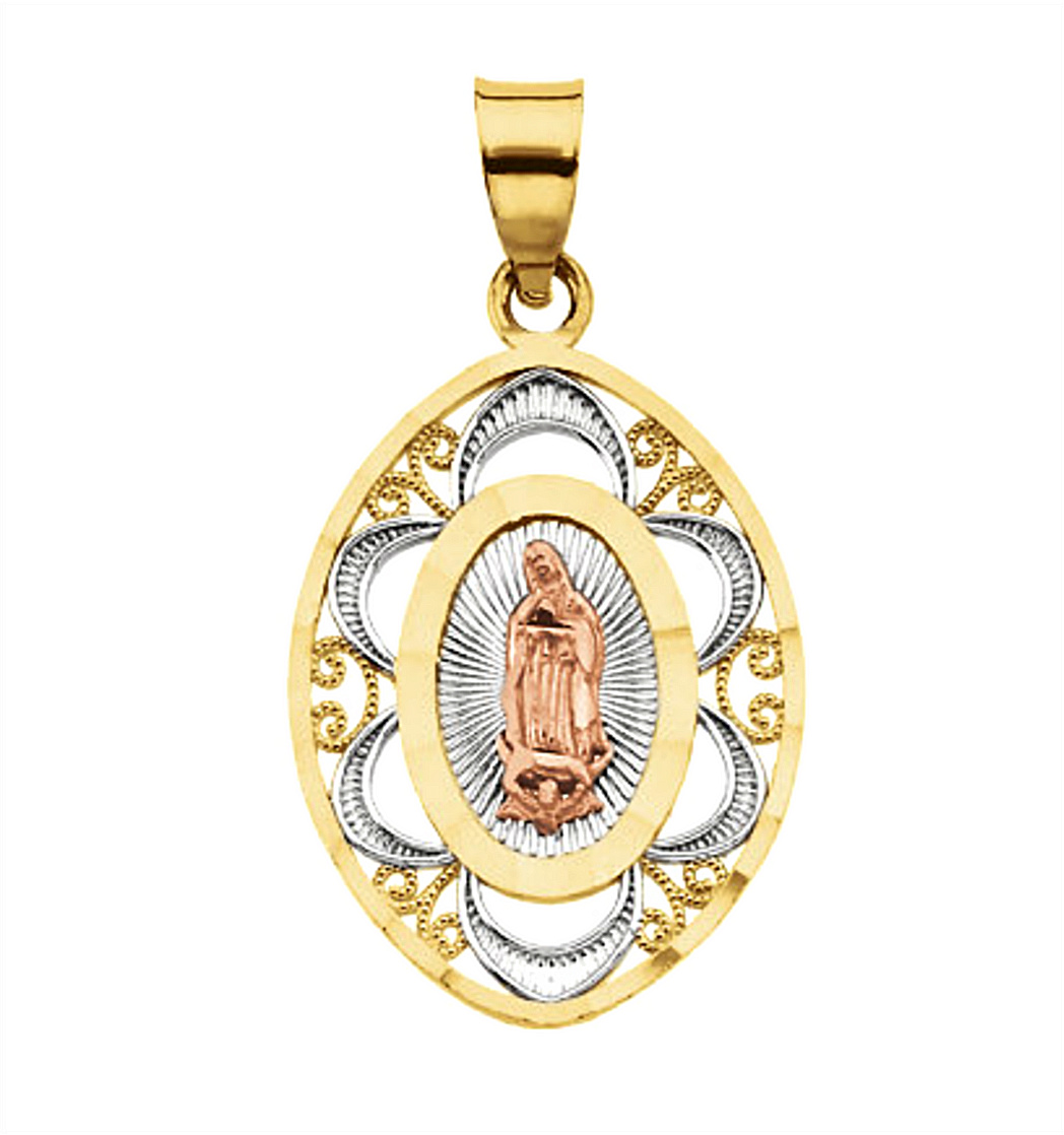 Rhodium-Plated 14k Yellow and Rose Gold Tri-Color Oval Lady of Guadalupe Pendant (14x10.75MM) R41546_1000MP