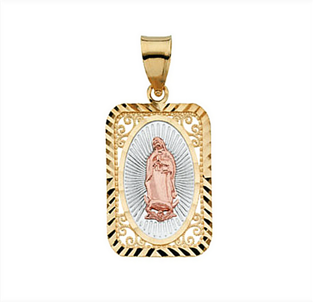 Rhodium-Plated 14k Yellow and Rose Gold Tri-Color Lady of Guadalupe Rectangle Pendant (14.75x10.5MM) R41547_1000MP