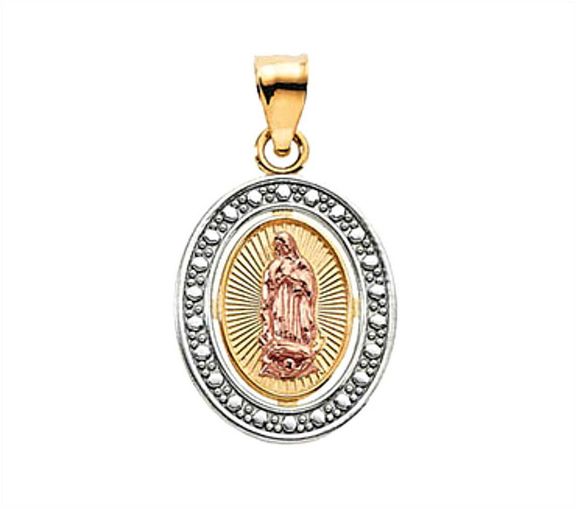 Rhodium-Plated 14k Yellow and Rose Gold Tri-Color Our Lady of Guadalupe Oval Pendant (15.5x12.75 MM) R41548_1000MP