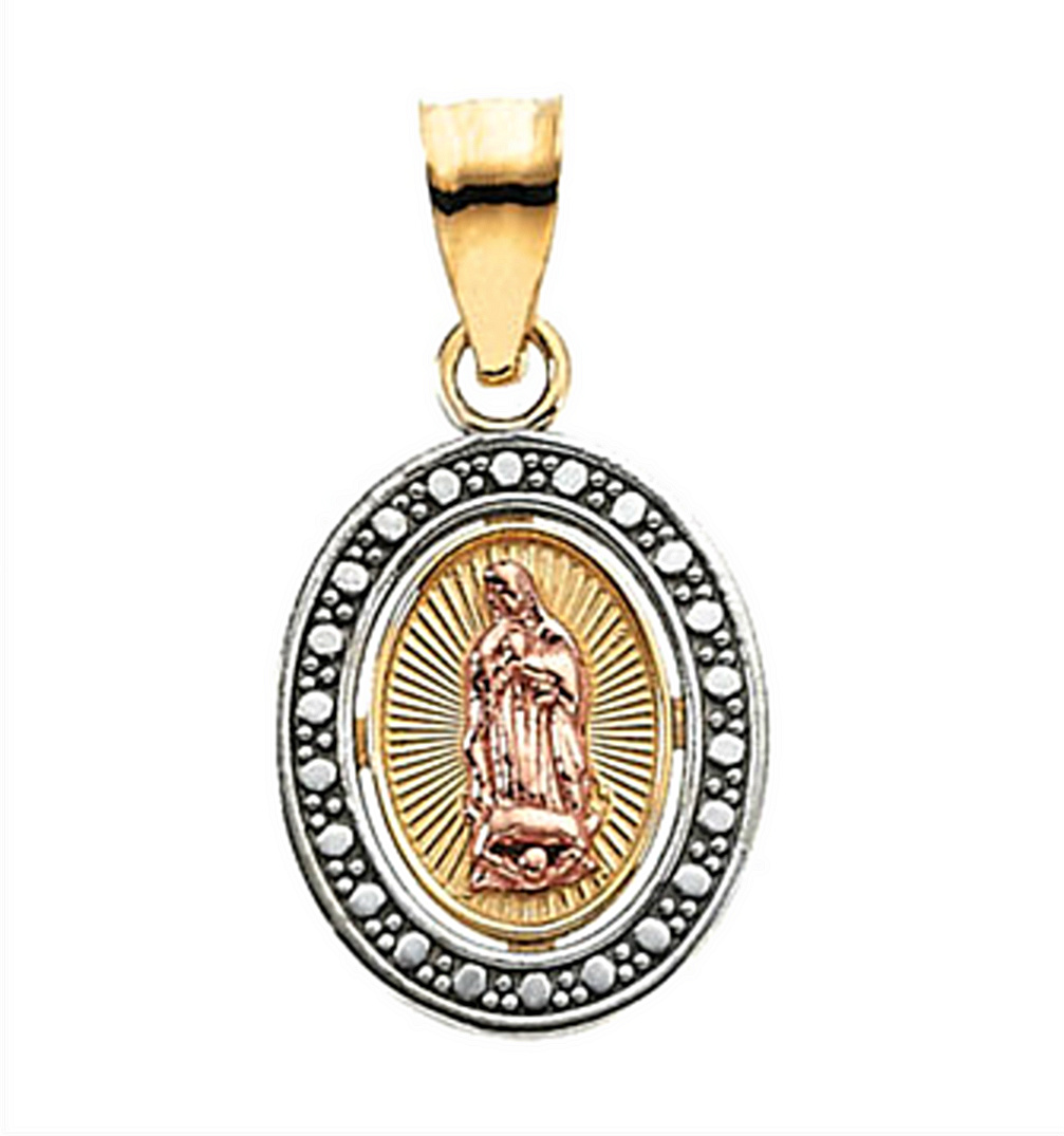 Rhodium-Plated 14k Yellow and Rose Gold Tri-Color Our Lady of Guadalupe Oval Pendant (12.25x10 MM) R41548_1000MP
