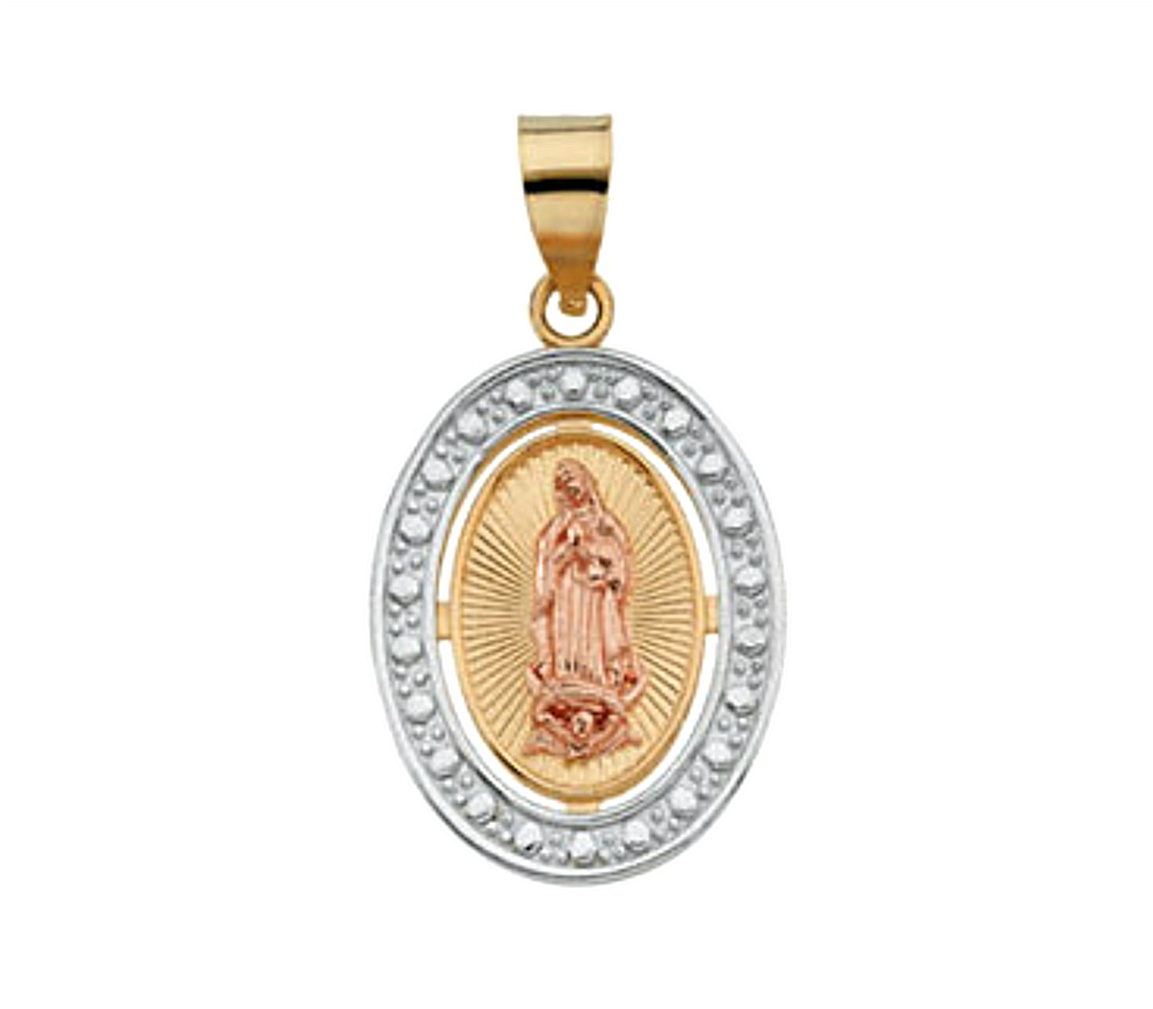  Rhodium-Plated 14k Yellow and Rose Gold Tri-Color Our Lady of Guadalupe Oval Pendant (20x15.75 MM) R41548_1000MP