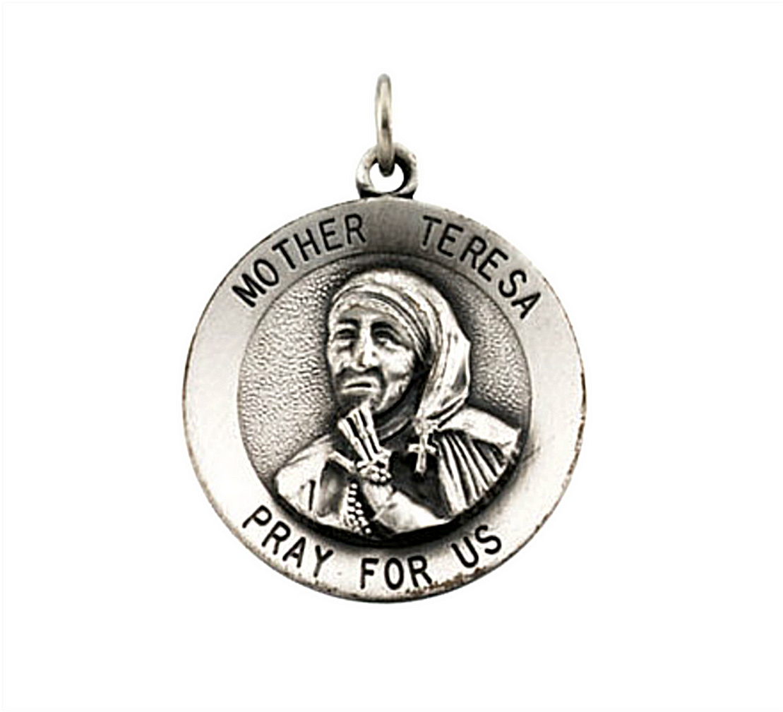Sterling Silver Round Mother Teresa Medal Pendant Necklace, 18
