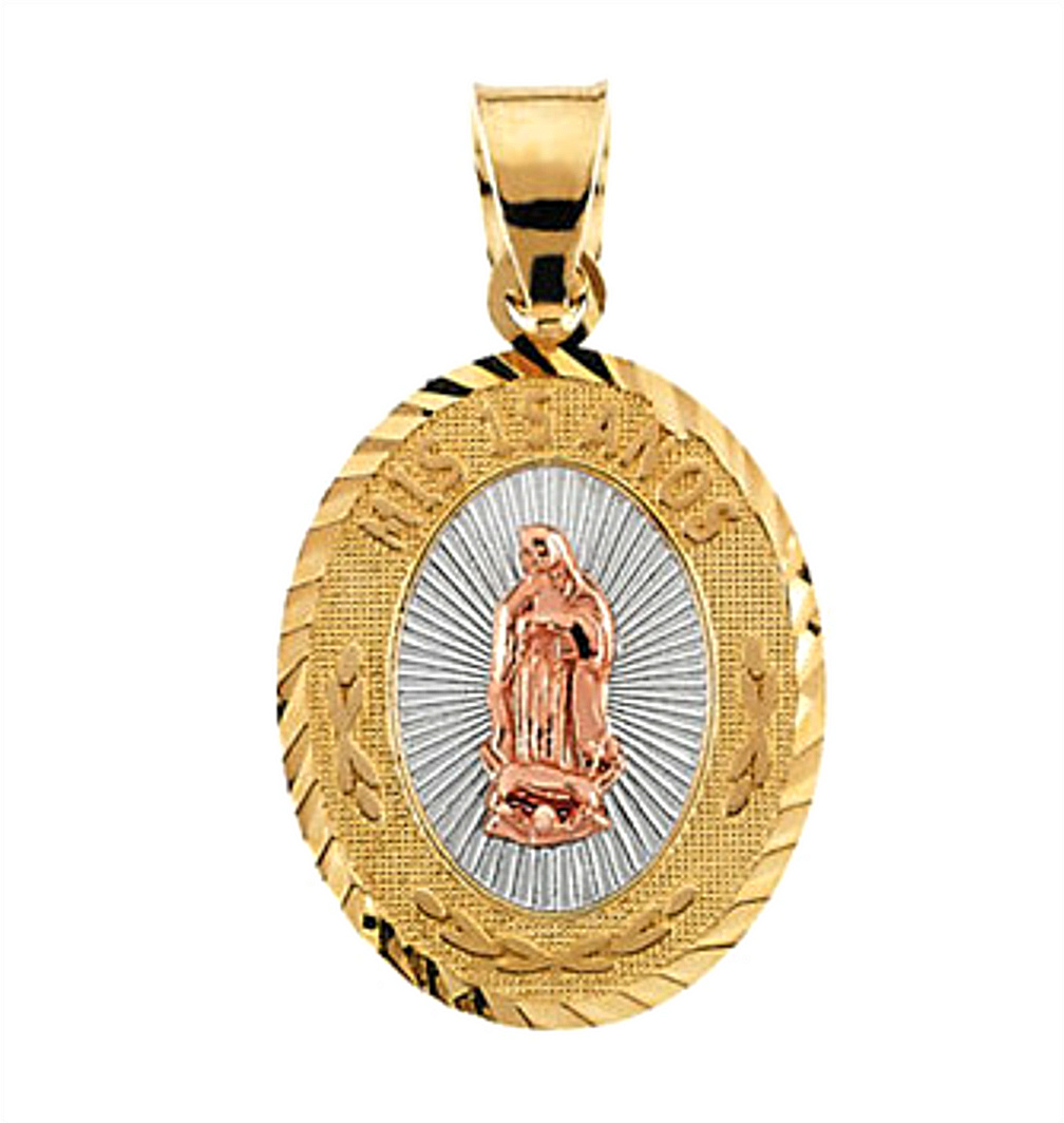 Rhodium-Plated 14K Yellow and Rose Gold Tri-Color Oval Mis 15 Anos (My 15th Birthday) Medal 17x13.5 MM) R41639_1000MP