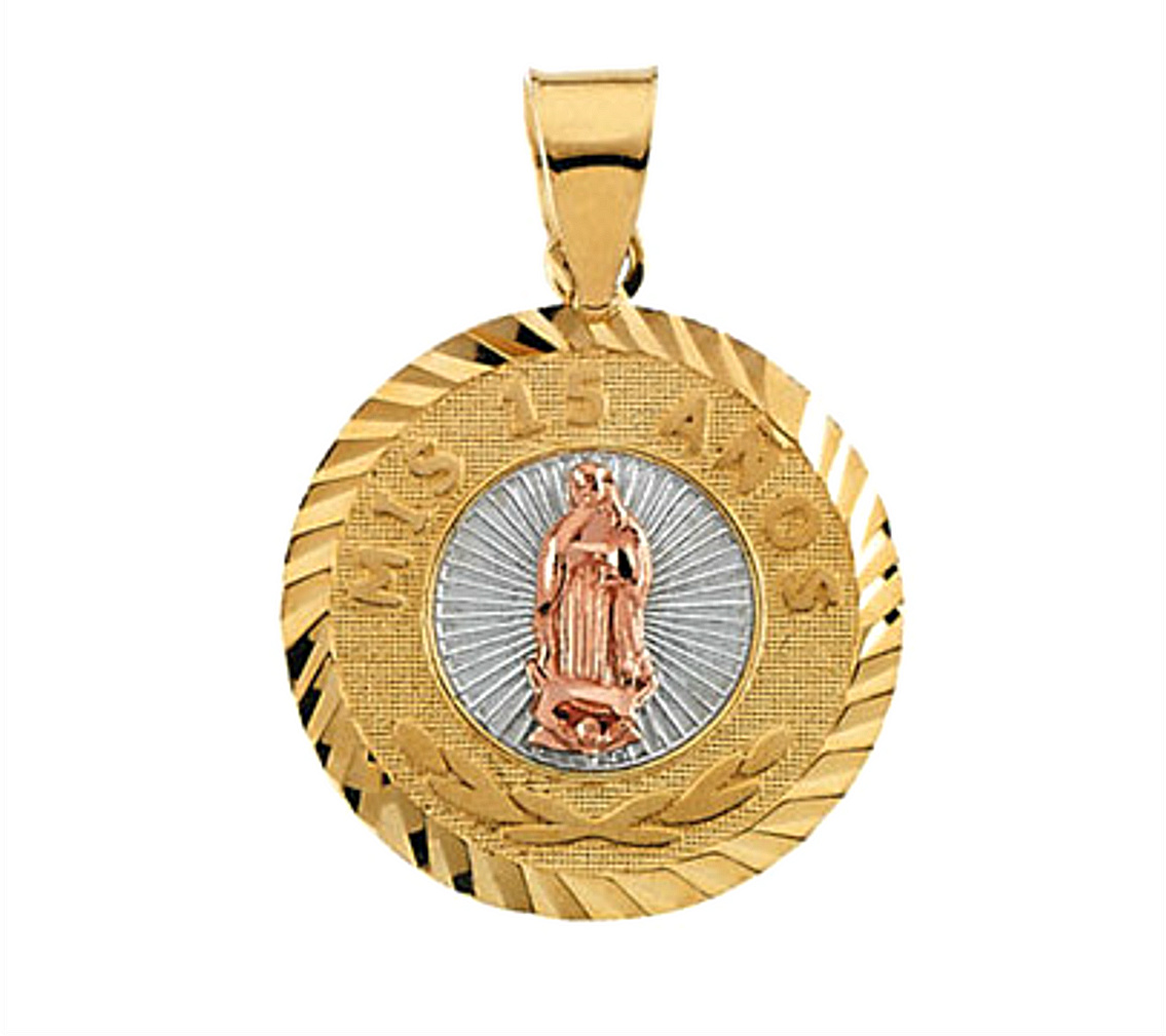 Rhodium-Plated 14k Yellow and Rose Gold Tri-Color Round Mis 15 Años (My 15th Birthday) Medal (16.5 MM) R41640_1000MP