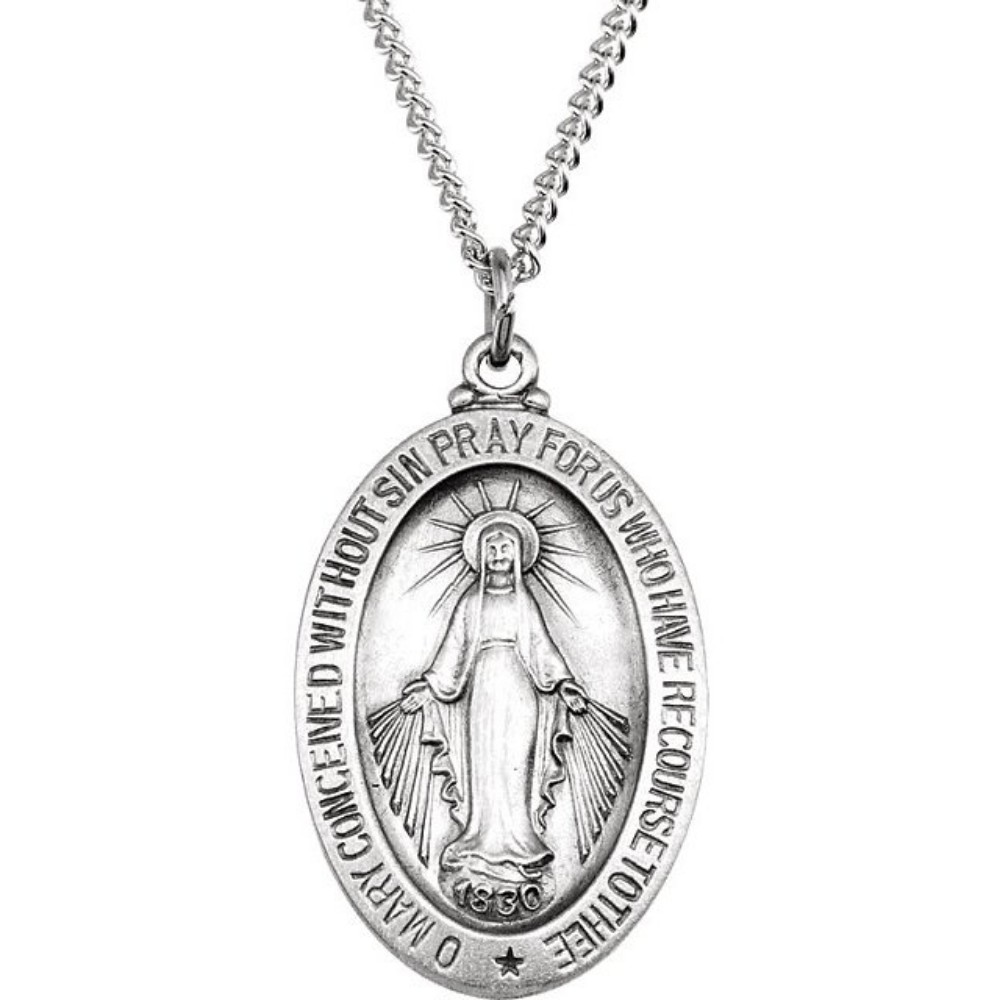 Sterling Silver Oval Miraculous Medal Necklace, 18