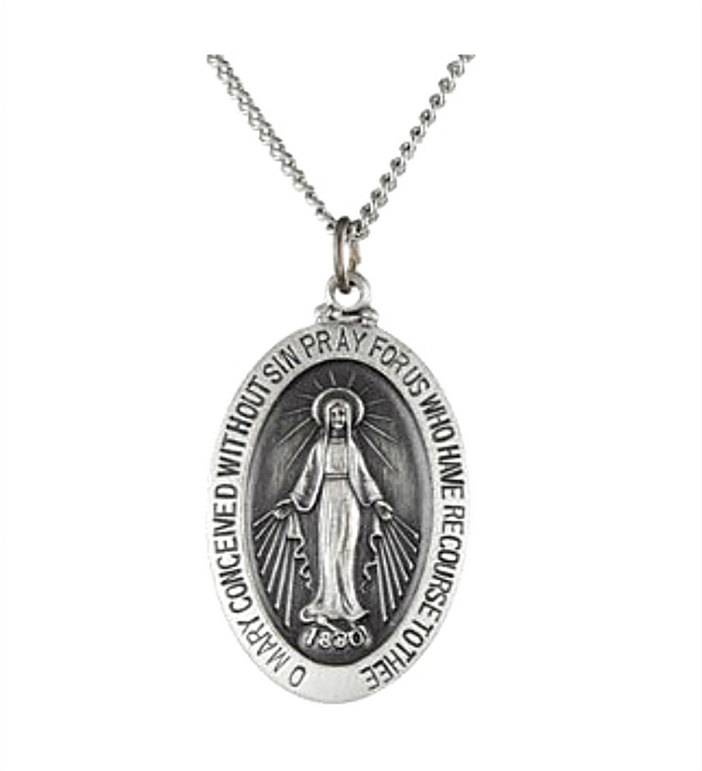 Sterling Silver Oval Miraculous Medal Necklace, 24