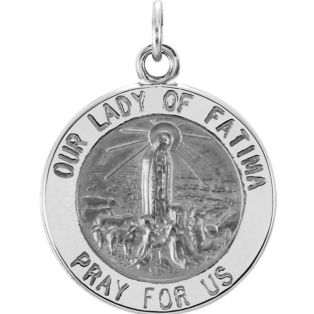 Rhodium Plated Sterling Silver Round Our Lady of Fatima Medal (18.5 MM)