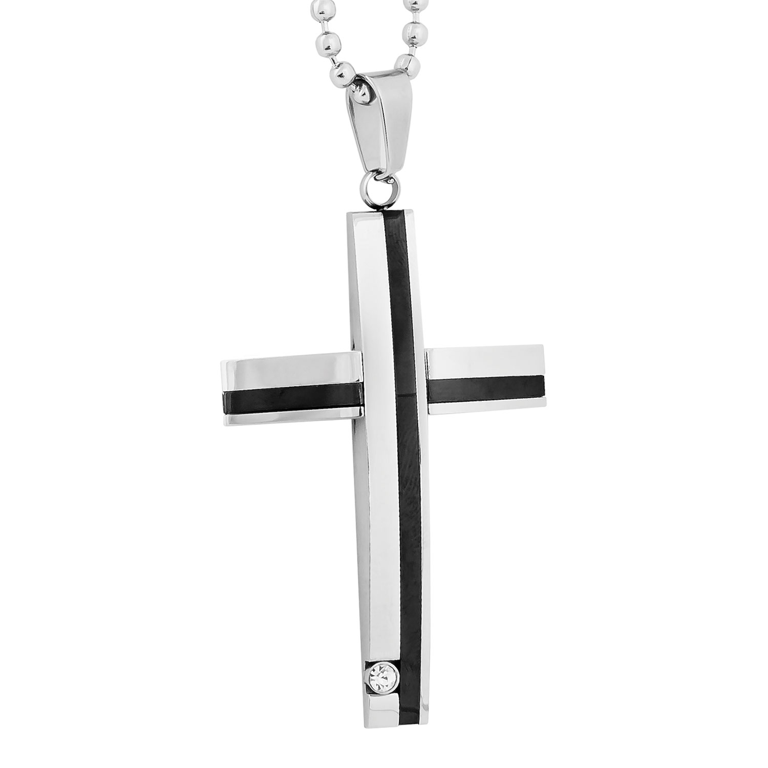 Cubic Zirconia Dome Cross Pendant Necklace, Stainless Steel, Black Hills Gold Motif