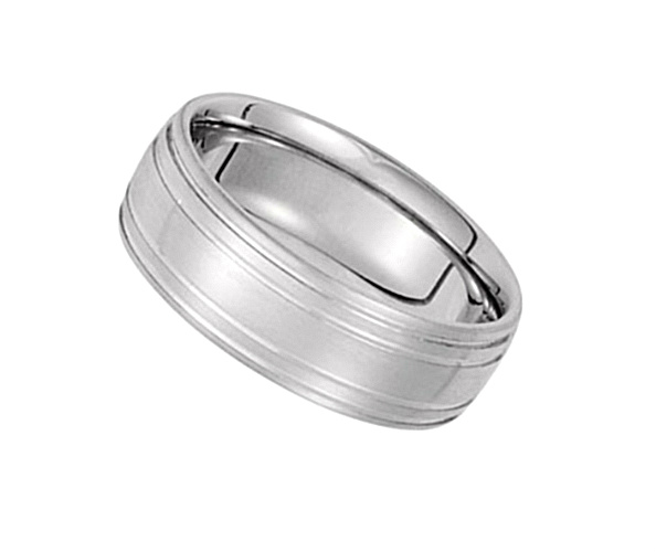 Satin Finish Grooved Comfort-Fit Band, Rhodium-Plated 10k White Gold. 