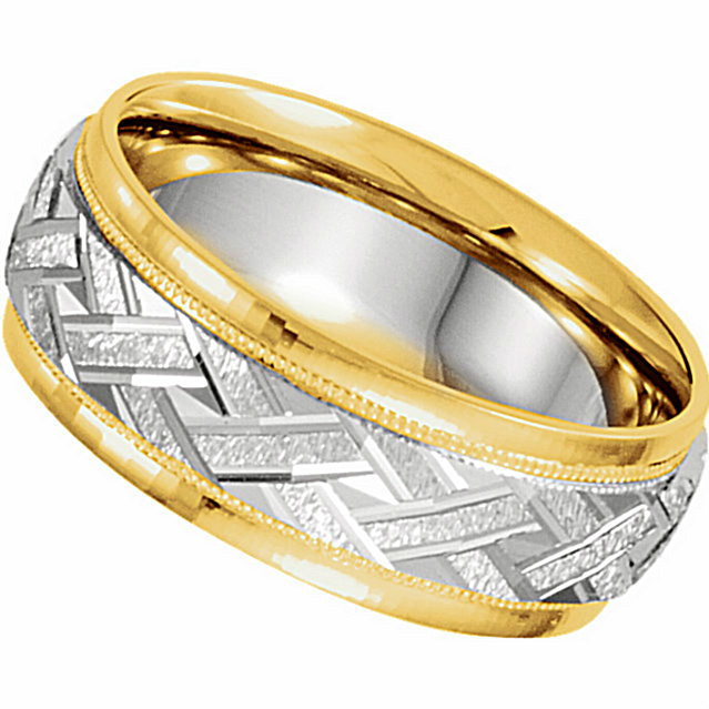 Two-Tone Woven Pattern Comfort-Fit Designer Band, 14k White and Yellow Gold. 