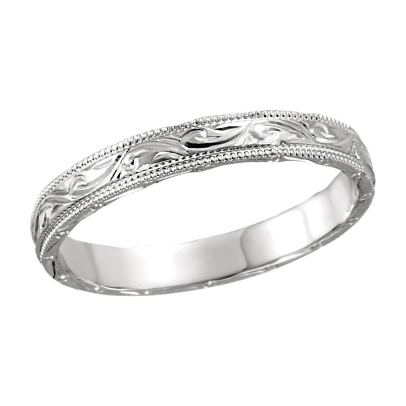 Milgrain Edging Hand-Engraved Band, 3mm Platinum. 