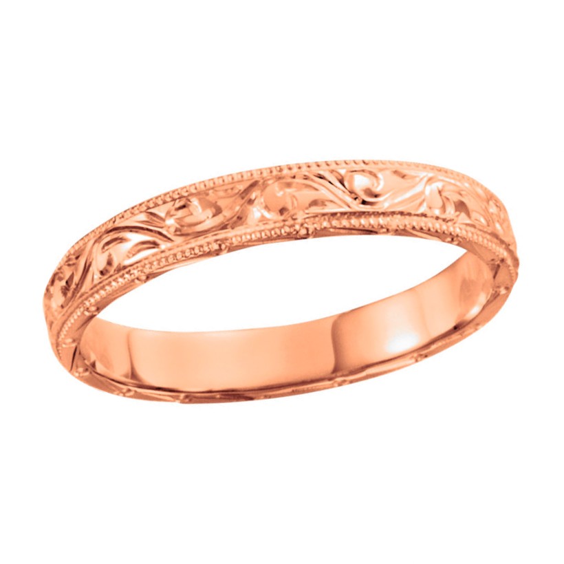 Milgrain Edging Hand-Engraved Band, 3mm 14k Rose Gold. 